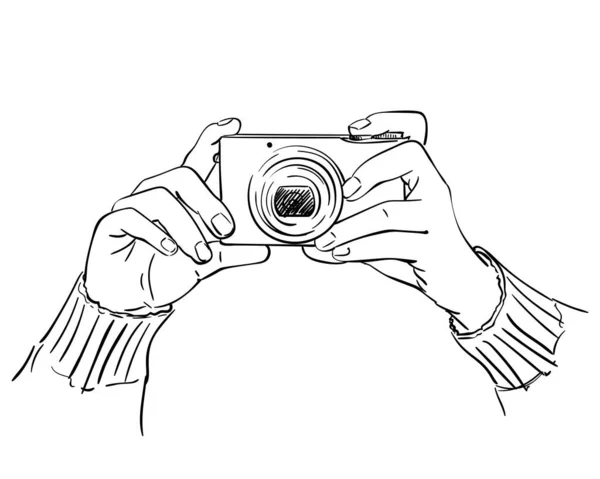 Esboço Mãos Segurando Câmera Foto Compacta Ilustração Desenhada Mão Vetor — Vetor de Stock