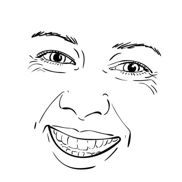目と口の周りにしわを持つ美しい笑顔の女性の顔の特徴 ベクトルスケッチ手描きイラスト — ストックベクタ