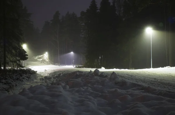 Lampen Verlichten Kunstsneeuw Ski Pad Rocklunda Naaldbos Mist Donkere Korte — Stockfoto