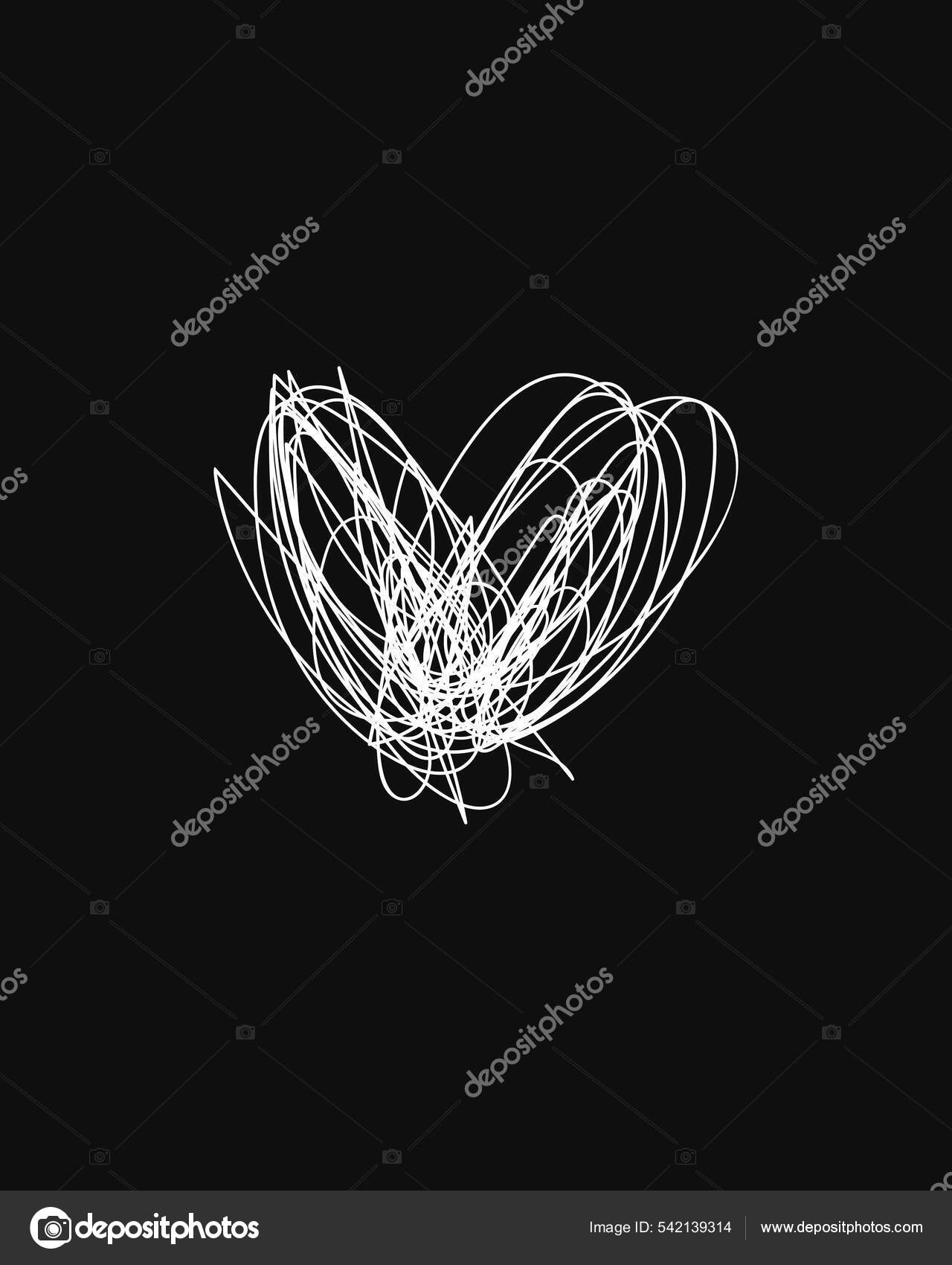 ハートの形が絡み合う黒の背景に白い線 抽象的なベクトル手描きイラスト感情的な愛のシンボル ストックベクター ©OlgaTropinina  542139314, image size:1280x1700
