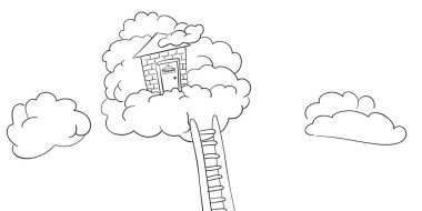 Cennetin Merdiveni karalaması, Kabarık Bulutların Kapısı, Kapıda yazılar Cennet, Cennete Giriş, Vector karikatür tarzı siyah çizimler beyaz arka planda