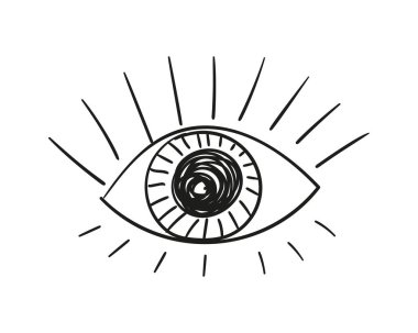 Göz karalaması izole edilmiş, ilkel bir çizim, tek bir açık göz çizimi. Büyük göz bebeği ve uzun kirpikleri var. Vektör el çizimi, üçüncü göz.