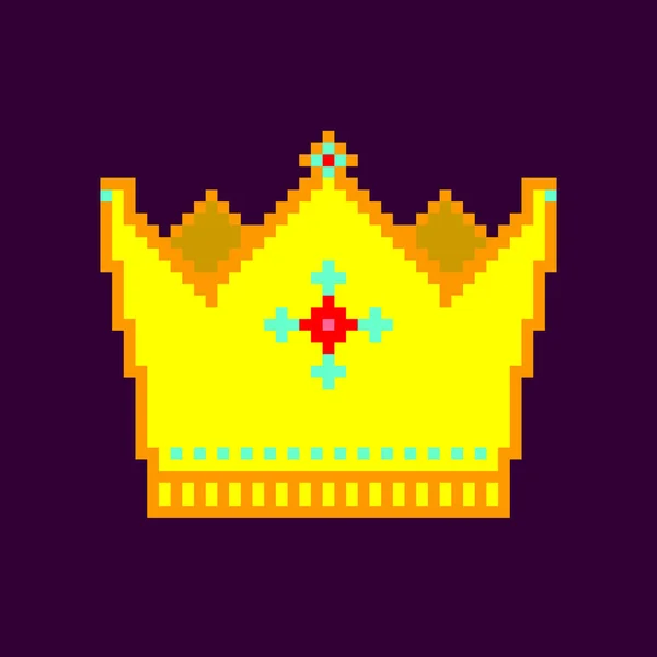 Golden Crown Pixel Art Isolated Dark Background Monarchy Symbol Pictogram — Stock Vector