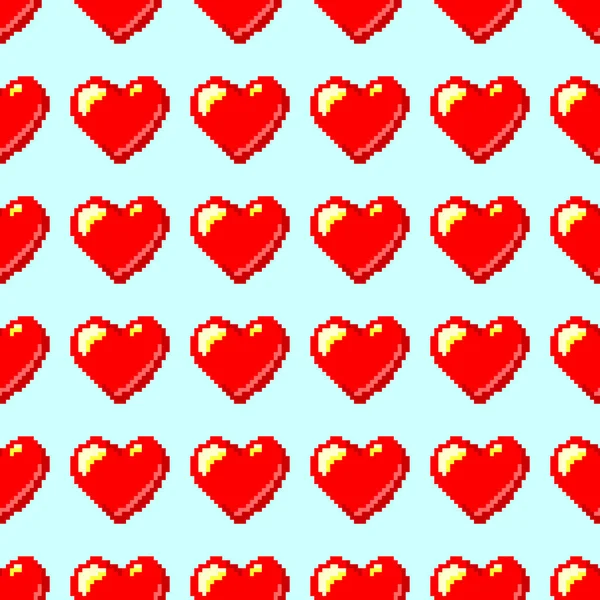 Pixel Art Heart Seamless Pattern Red Love Symbol Light Blue — Stock Vector