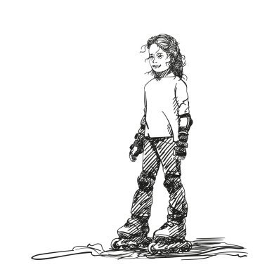 Güzel örülmüş uzun saçlı güzel bir kızın çizimi kaykayların üzerinde duruyor, beyaz arka planda el çizimi vektör çizimi.