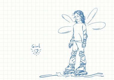Sweet little girl with beautifully braided long hair and fairy wings is standing on skate rollers, Blue pen sketch on square grid notebook page, Hand drawn vector linear illustration clipart
