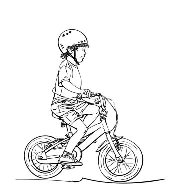 Bisiklet süren küçük bir çocuk, vektör çizimi, beyaz üzerine çizilmiş doğrusal çizim.