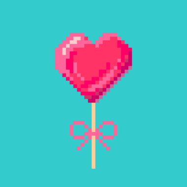 Kalp şeklinde tatlı şeker pikseli sanat sembolü kırmızı tatlı lolipop kurdeleli çubuk oyun, web siteleri, sevgililer günü için izole vektör çizimi
