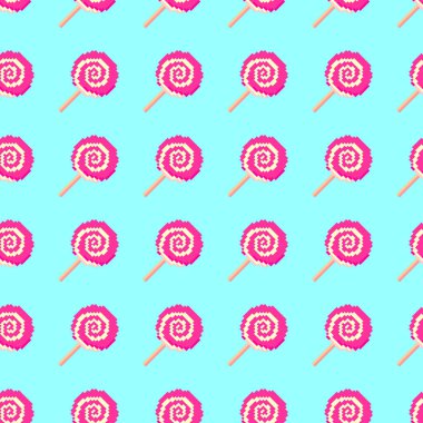 Lolipop pikseli kusursuz desensiz pembe yuvarlak sarmal şeker açık mavi arka plan vektörü üzerinde oyun için, web sitesi, ambalaj kağıdı