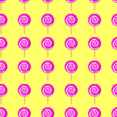Tatlı şeker pikselli, pürüzsüz desensiz yuvarlak sarmal lolipop sarı arka plan vektörü üzerinde oyun, web sitesi, ambalaj kağıdı, şekerleme tezgahı