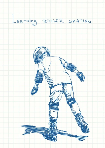 Boy Learning Skate Rollers View Back Blue Pen Sketch Square — Stockvektor