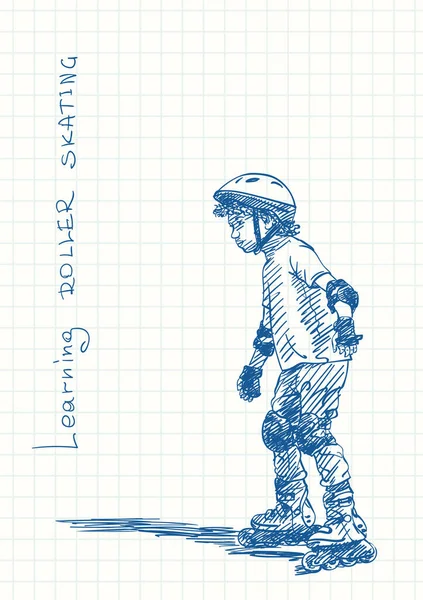 Boy Learning Skate Rollers Blue Pen Sketch Square Grid Notebook — Stockvektor