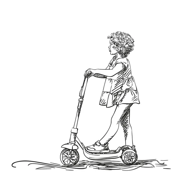可爱的卷曲小女孩准备骑踢踏车的素描 白色背景上的手绘矢量图解 — 图库矢量图片