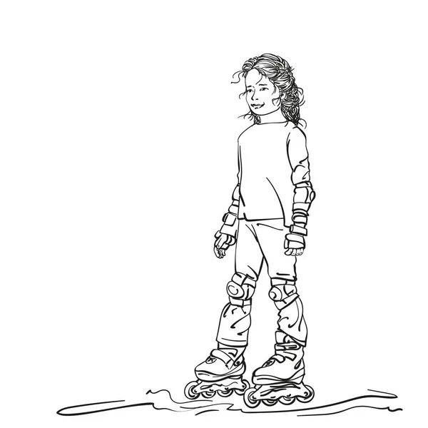 Sketch Cute Girl Beautifully Braided Long Hair Standing Skate Rollers — Vetor de Stock