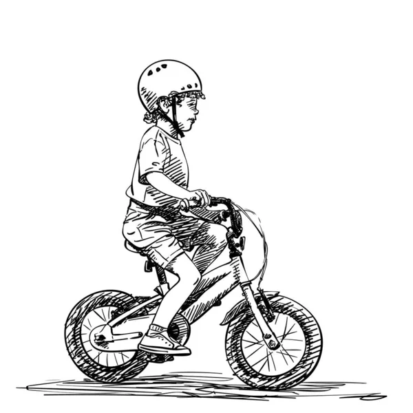 Petit Garçon Casque Vélo Croquis Vectoriel Illustration Dessinée Main Isolée — Image vectorielle