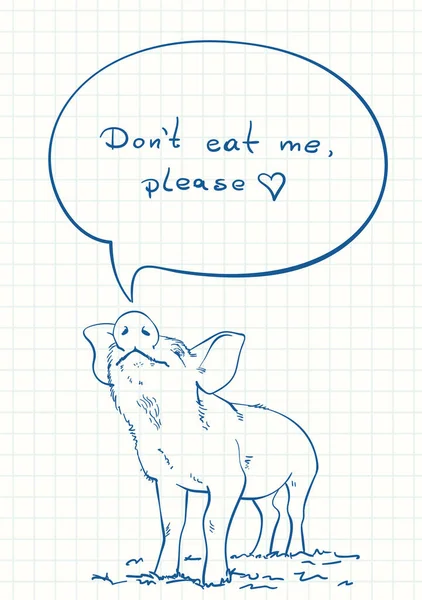 スピーチバブルのテキストで話す豚 食べないで お願い 青いペンのスケッチ正方形のグリッドノートブックページ 手描きベクトルイラスト — ストックベクタ