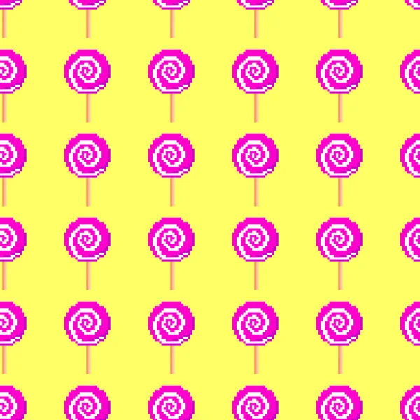 甘いキャンディーピクセルアートシームレスなパターンラウンドカラフルなスパイラルロリポップオンスティック上の黄色の背景ベクトルの背景ゲーム ウェブサイト 包装紙 — ストックベクタ