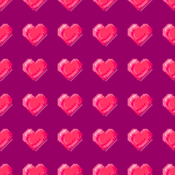 Corazón Pixel Arte Patrón Sin Costuras Símbolo Amor Rosa Púrpura — Vector de stock