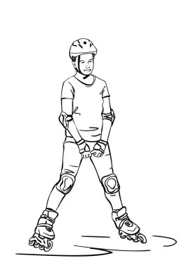 Paten kayan genç kızın çizimi beyaz arka planda izole edilmiş, el çizimi vektör doğrusal çizimi