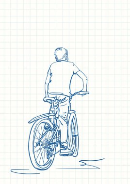 Çocuk bisiklete biniyor, mavi kalem çizimi kare kareli defter sayfası, el çizimi vektör doğrusal çizimi.