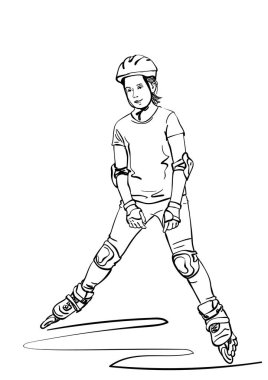 Paten kayan genç kızın çizimi beyaz arka planda izole edilmiş, el çizimi vektör doğrusal çizimi