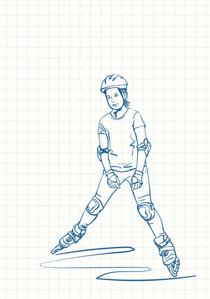滑旱冰上的少女 方格笔记本页上的蓝笔画 手绘矢量线画 — 图库矢量图片