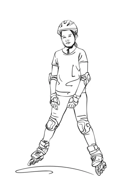 Σκίτσο Του Έφηβος Κορίτσι Κυλίνδρους Πατινάζ Δυστυχισμένο Πρόσωπο Απομονωμένα Λευκό — Διανυσματικό Αρχείο