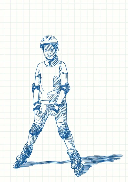 Chica Adolescente Patines Patinaje Con Cara Infeliz Dibujo Pluma Azul — Archivo Imágenes Vectoriales