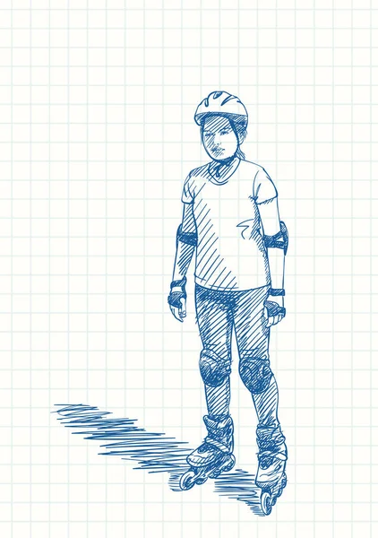 Chica Adolescente Patines Patinaje Con Cara Infeliz Dibujo Pluma Azul — Vector de stock