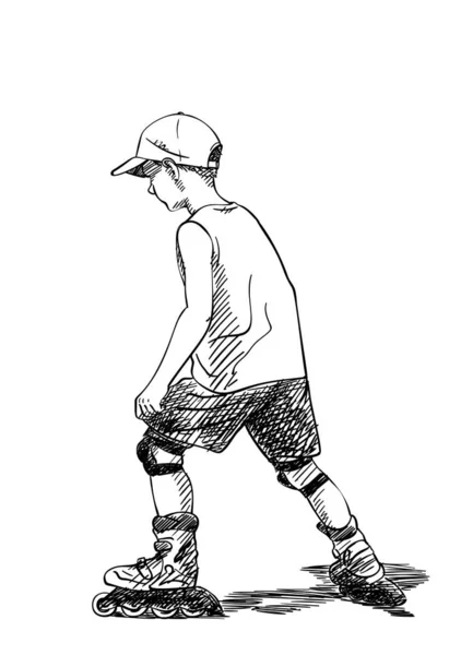 男の子のスケッチローラーでスケートを学ぶ 白地に孤立手描きベクトルイラスト — ストックベクタ