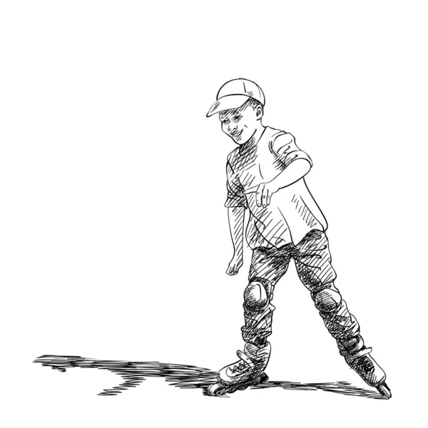 Szkic Chłopca Uczy Się Jeździć Rolkach Ręcznie Rysowane Wektor Ilustracji — Wektor stockowy