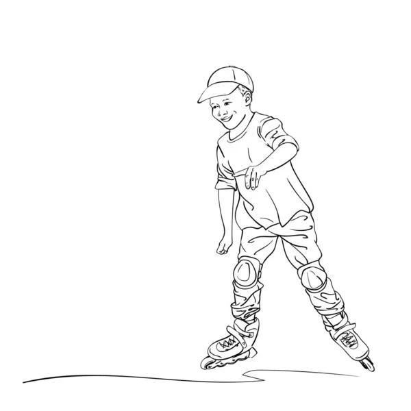 Sketch Boy Learning Skate Rollers Hand Drawn Vector Linear Illustration — Stockvektor