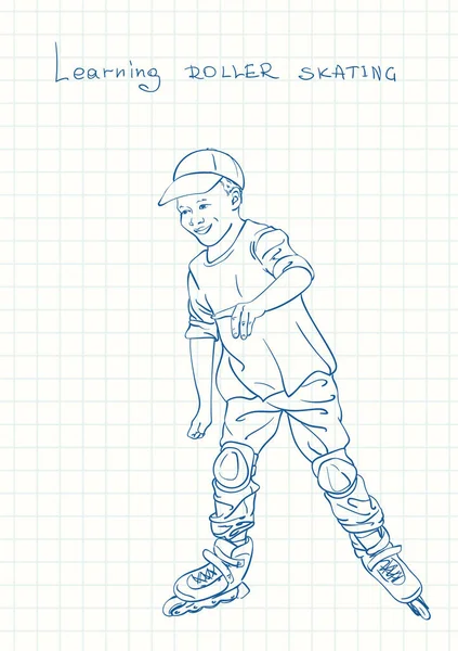 Boy Learning Skate Rollers Blue Pen Sketch Square Grid Notebook — Stockvektor