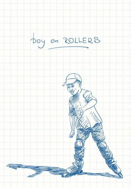 Boy Learning Skate Rollers Blue Pen Sketch Square Grid Notebook — Vettoriale Stock