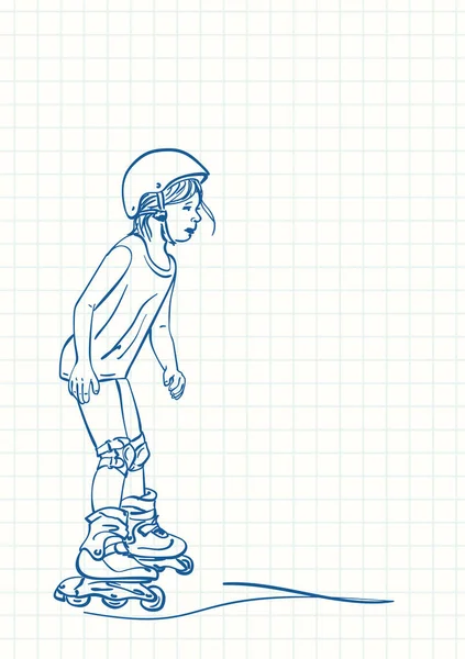 女の子はローラーでスケートを学ぶ 青いペンのスケッチ正方形のグリッドノートブックページ 手描きベクトル線イラスト — ストックベクタ