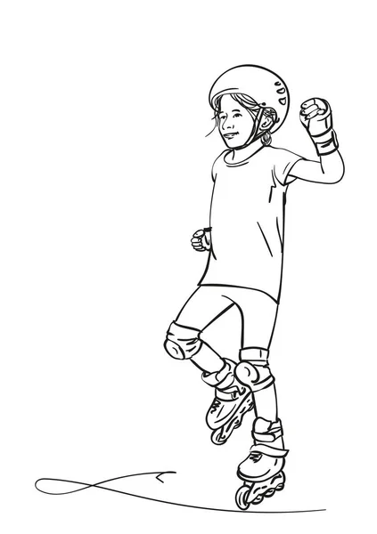 小さな女の子のスケッチは ローラーでスケートすることを学ぶ 手描きベクトル線イラストは白の背景に隔離 — ストックベクタ