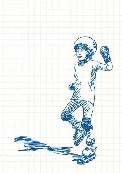女の子はローラーでスケートを学ぶ 青いペンのスケッチ正方形のグリッドノートブックページ 手描きベクトルイラスト — ストックベクタ