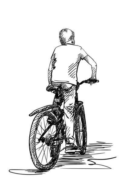 Boy Riding Bicycle Vector Sketch Hand Drawn Illustration Isolated White — Stock Vector