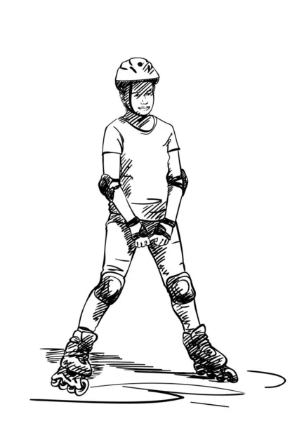 スケッチの十代の女の子のローラースケート上の白い背景に隔離され 手描きベクトルイラスト — ストックベクタ