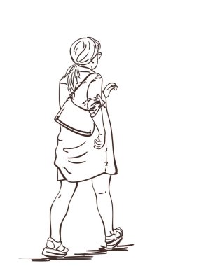 El çizimi çizimi çizimi, yaz elbisesi giyen, yüksek topuklu ayakkabılar giyen sarışın bir kadın, beyaz arka planda izole edilmiş vektör çizimi, arka plan