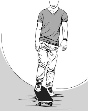 Kaykaycının çizimi bir bacağı kaykayın üzerinde duruyor, el çizimi vektör çizimi beyaza izole edilmiş gri renkli parçalar.