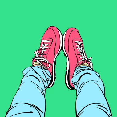 Spor ayakkabılı ve dar kotlu selfie 'nin çizimi, Üst Manzara, Çizgi Sanatı tarzı parlak renkli el çizimi tasviri yeşil arka planda izole edilmiş.