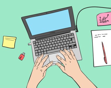 Elleri dizüstü bilgisayarlı, döküman görünümlü, el çizimi resimli çalışma yerinin vektör renkli çizimi