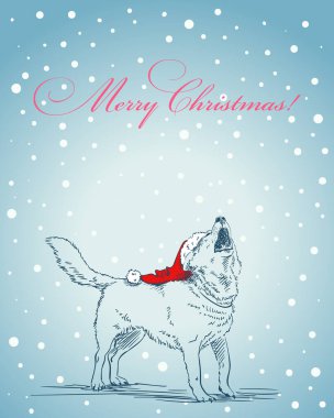 Noel tebrik kartı el çizimi, Noel Baba şapkalı uluyan köpeğin arka planda kar yağarken Mutlu Noeller mesajı atarken çizilmiş.