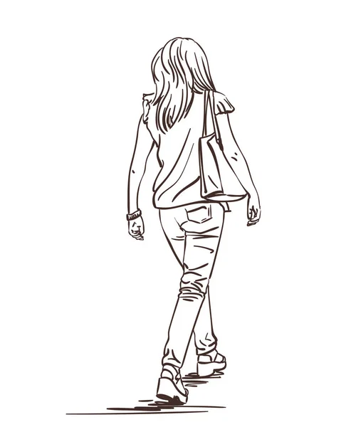 Illustration Art Ligne Dessinée Main Femme Blonde Jeans Serrés Marchant — Image vectorielle