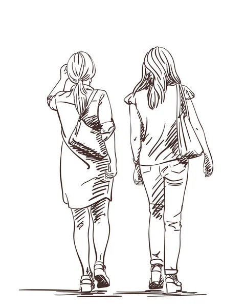 Handgezeichnete Zwei Wandelnde Frauen Hohen Plateauschuhen Vector Skizze Isoliert Auf — Stockvektor