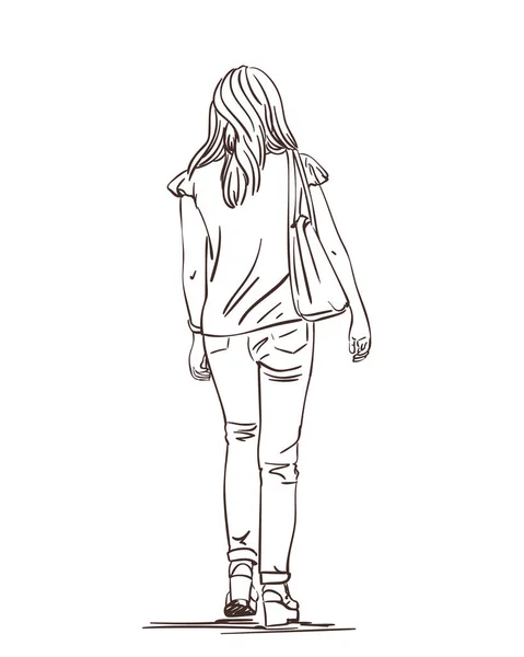 Ilustración Arte Línea Dibujada Mano Mujer Rubia Jeans Ajustados Caminando — Vector de stock