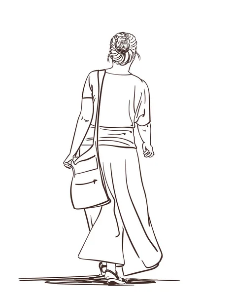 手绘线条妇女在长裙行走中的艺术图解 矢量素描与白色背景隔离 背景图 — 图库矢量图片