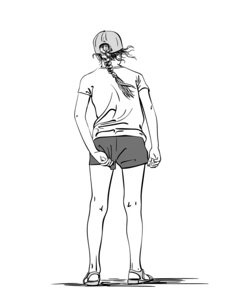 Sketch Girl Teenager Straightens Panties Shorts View Back Hand Drawn — Stock Vector