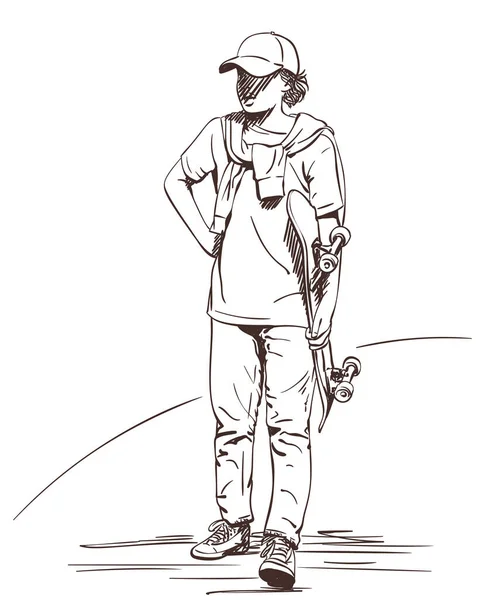 Sketch Boy Teenager Cap Sweater His Shoulders Stands Holds Skateboard — Stock Vector